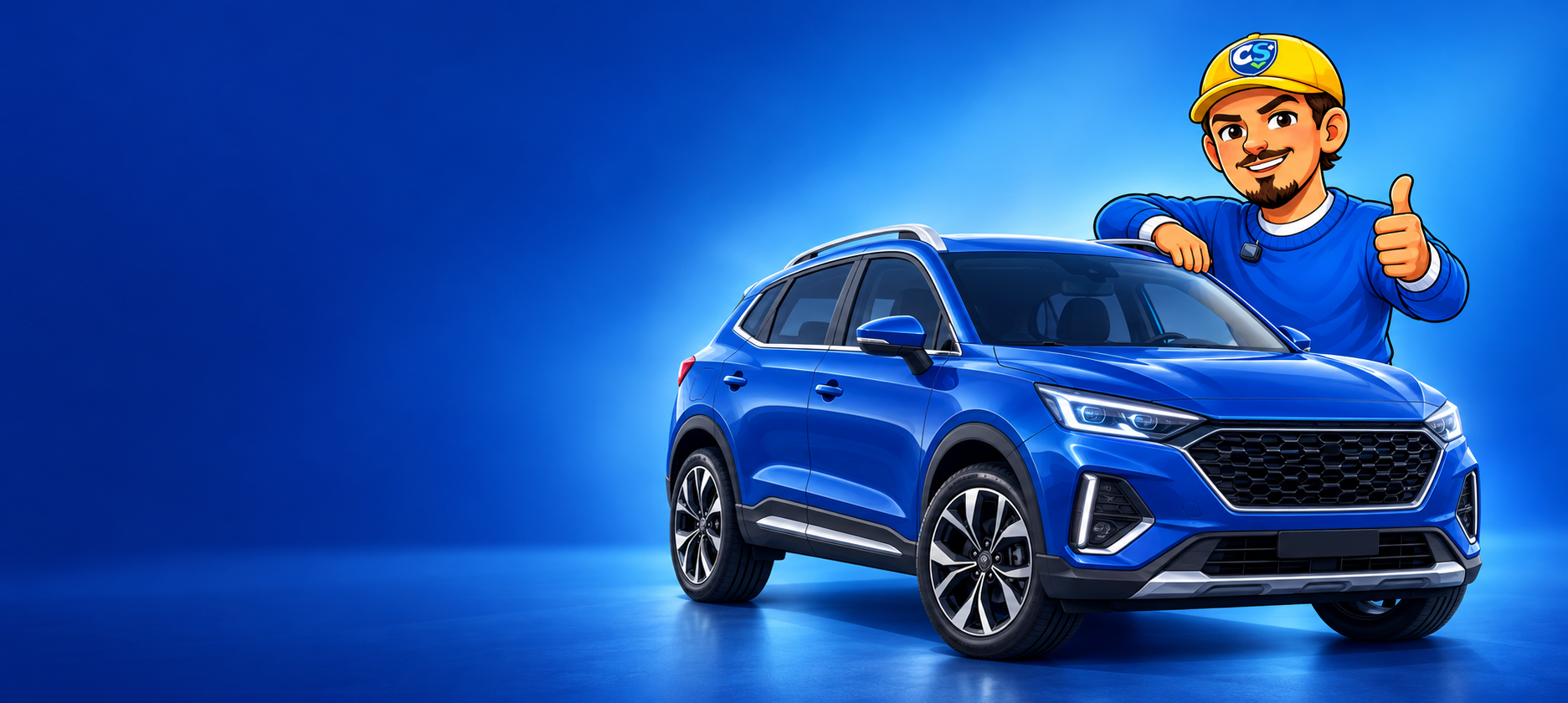 Chico dos Seguros junto a um automóvel azul no comparador de seguro automóvel