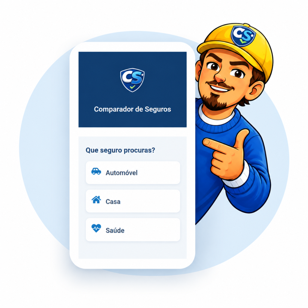Chico dos Seguros ao lado do comparador de seguros no telemóvel para automóvel, casa e saúde