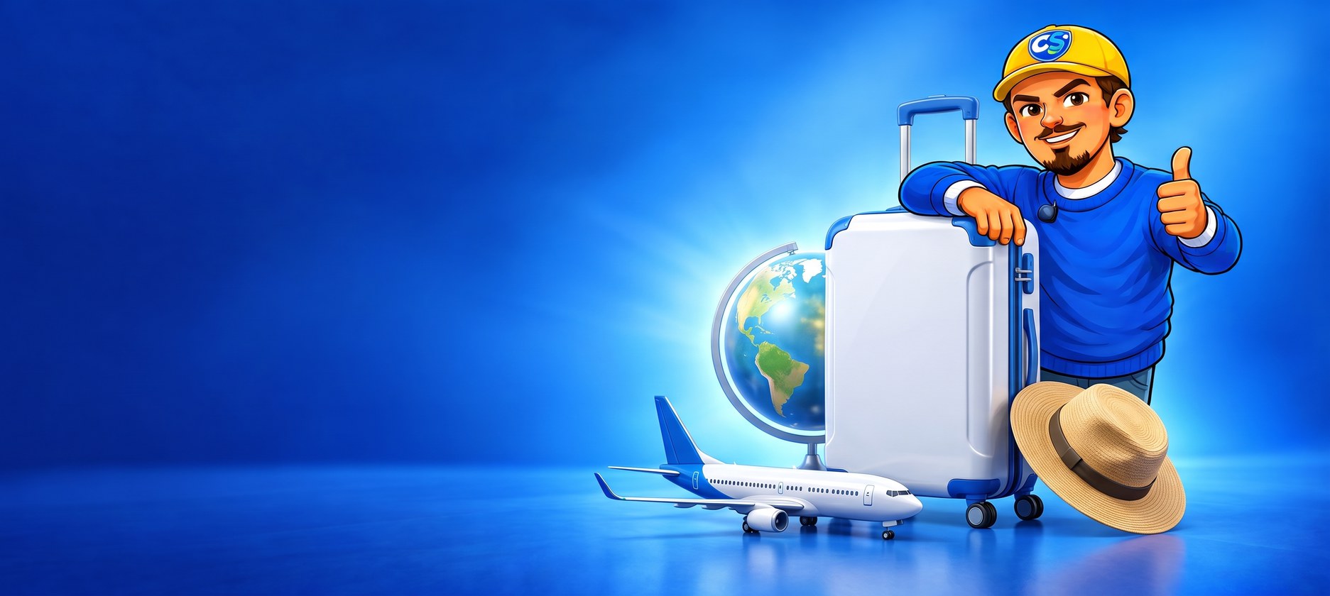 Chico dos Seguros com uma mala de viagem, um avião e um globo terrestre