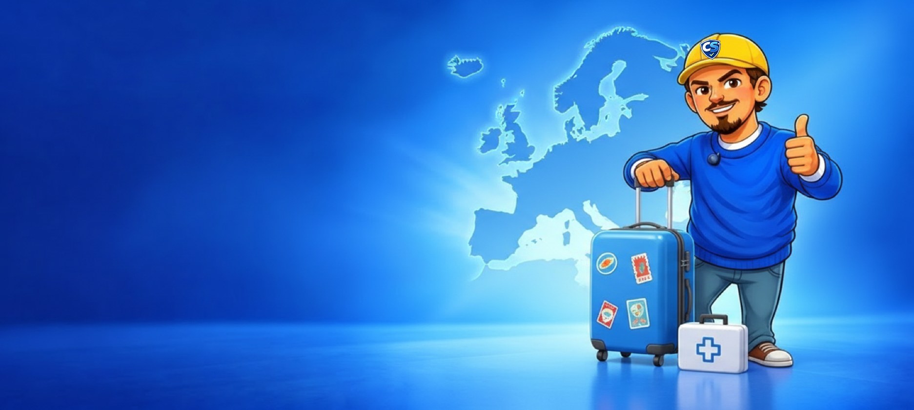 Chico dos Seguros com uma mala de viagem e um estojo de primeiros socorros, em frente a um mapa da Europa
