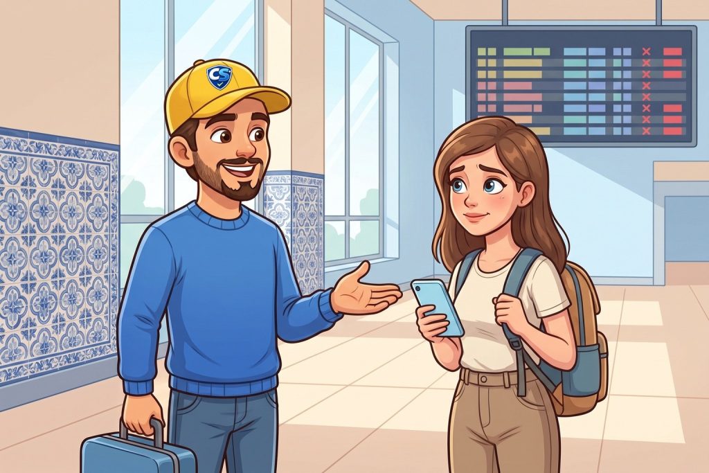 Chico dos Seguros com uma mala azul a falar com uma viajante preocupada num aeroporto, com um painel de partidas ao fundo