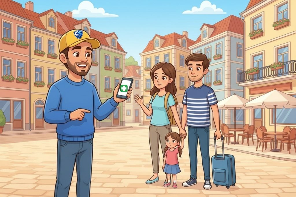 Chico dos Seguros, de boné amarelo, mostra no telemóvel um símbolo de primeiros socorros a uma família com uma mala, numa praça de uma cidade europeia